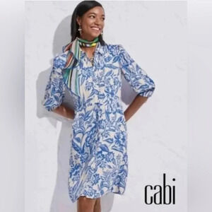 Cabi Athena Button Front Midi Dress Floral Print Puff Shoulder Cream Blue XS